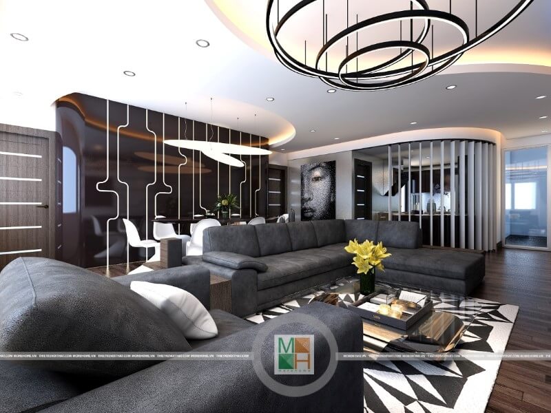 Thiết kế nội thất chung cư cao cấp với bộ sofa da màu đen sang trọng tạo điểm nhấn nổi bật cho phòng khách. Mẫu nội thất chung cư đẹp