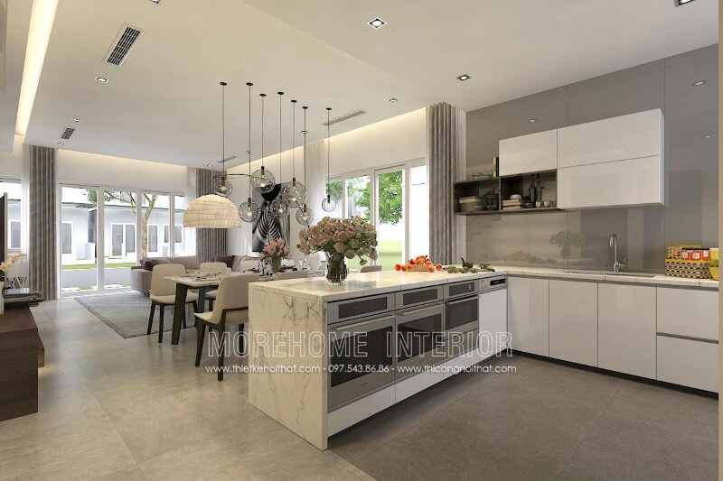 Mẫu tủ bếp chữ L màu trắng tạo sự thanh lịch, nhẹ nhàng trong không gian bếp Tủ bếp đẹp