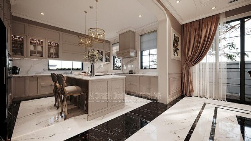 Mẫu tủ đảo bếp gỗ tự nhiên gam màu nâu nhạt kết hợp cùng đá ốp lát tạo nên vẻ đẹp nhẹ nhàng, thanh lịch nhưng không kém phần sang trọng tại biệt thự cao cấp Hải Phòng. Tủ bếp đẹp