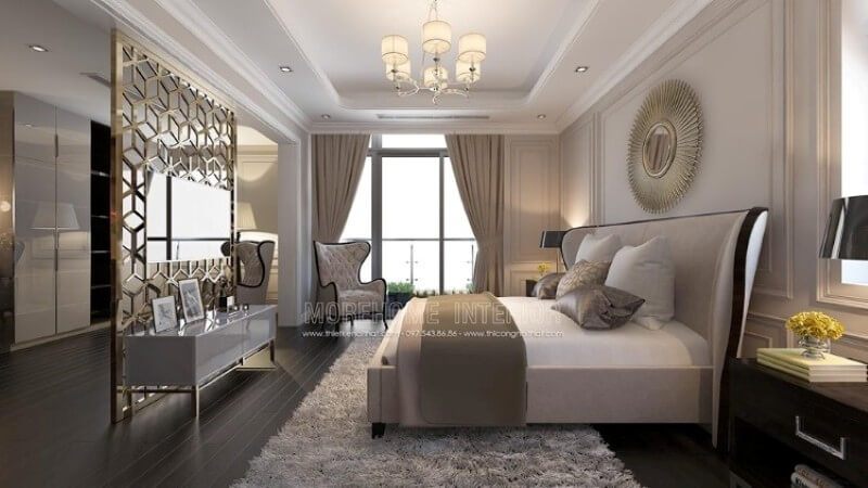 Trang trí nội thất phòng ngủ bố mẹ phong cách tân cổ điển nhẹ nhàng, gam màu trắng sữa chủ đạo tạo cho gia chủ một không gian riêng tư thoải mái và dễ chịu sau một ngày làm việc mệt mỏi