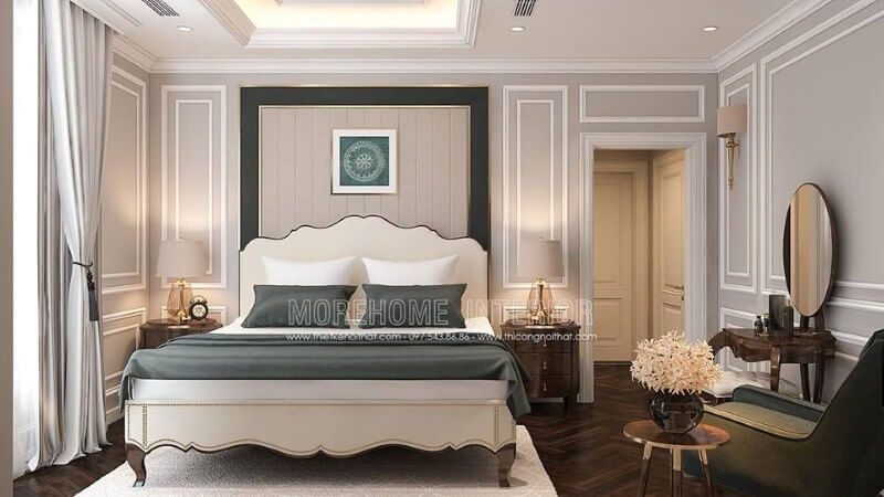 Sắp xếp nội thất phòng ngủ tân cổ điển sang trọng, quý phái.