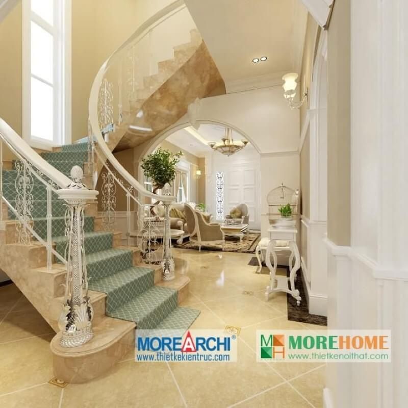 Mẫu cầu thang tân cổ điển với khung sắt kết hợp ốp đá tự nhiên màu vàng cao cấp sẽ giúp thể hiện được sự đẳng cấp và cá tính của chủ nhà.