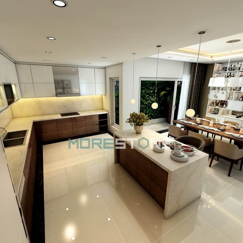 Việc thi công hệ tủ bếp kết hợp quầy bar sử dụng chất liệu đá nhân tạo gốc thạch anh.